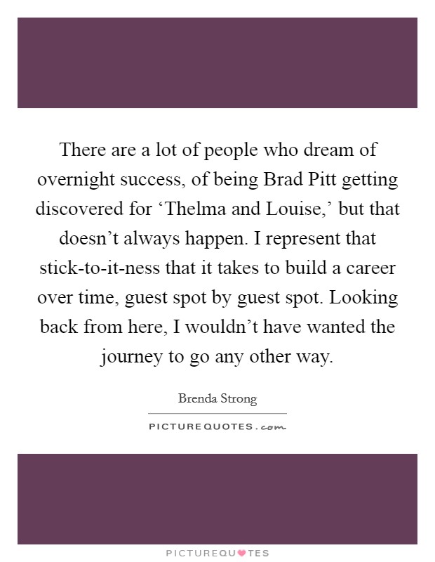 There are a lot of people who dream of overnight success, of being Brad Pitt getting discovered for ‘Thelma and Louise,' but that doesn't always happen. I represent that stick-to-it-ness that it takes to build a career over time, guest spot by guest spot. Looking back from here, I wouldn't have wanted the journey to go any other way. Picture Quote #1