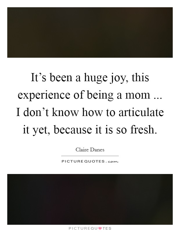 It's been a huge joy, this experience of being a mom ... I don't know how to articulate it yet, because it is so fresh. Picture Quote #1