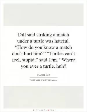 Dill said striking a match under a turtle was hateful. “How do you know a match don’t hurt him?” “Turtles can’t feel, stupid,” said Jem. “Where you ever a turtle, huh? Picture Quote #1