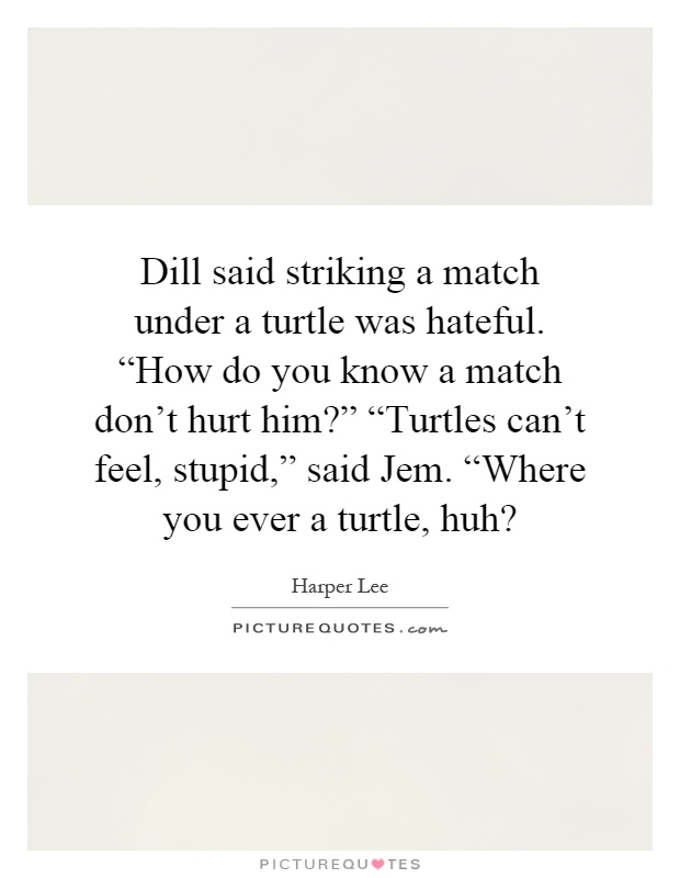 Dill said striking a match under a turtle was hateful. “How do you know a match don't hurt him?” “Turtles can't feel, stupid,” said Jem. “Where you ever a turtle, huh? Picture Quote #1