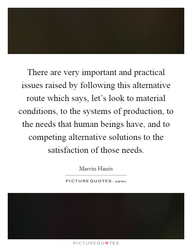 There are very important and practical issues raised by following this alternative route which says, let's look to material conditions, to the systems of production, to the needs that human beings have, and to competing alternative solutions to the satisfaction of those needs. Picture Quote #1