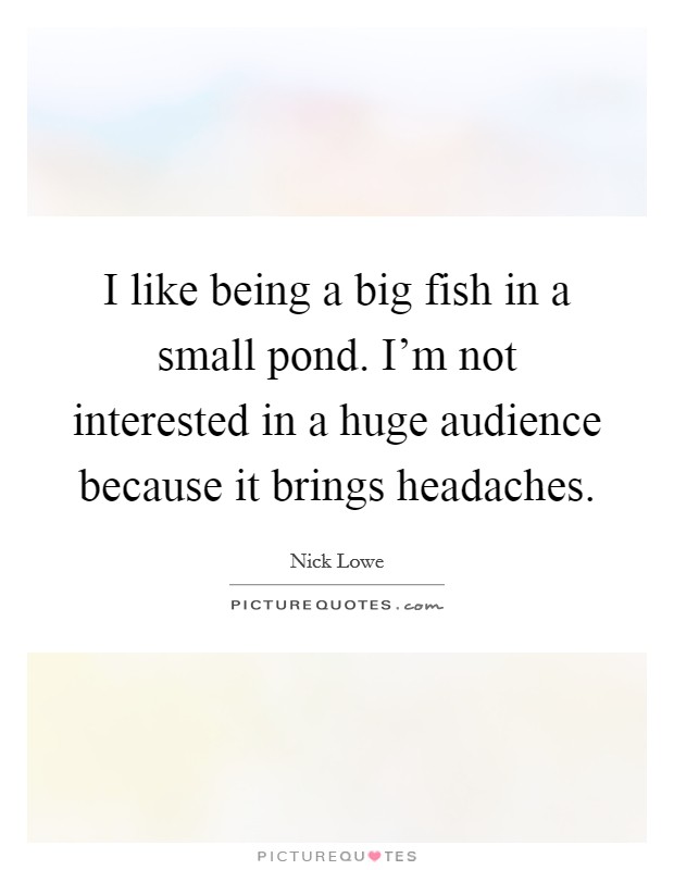 I like being a big fish in a small pond. I'm not interested in a huge audience because it brings headaches. Picture Quote #1