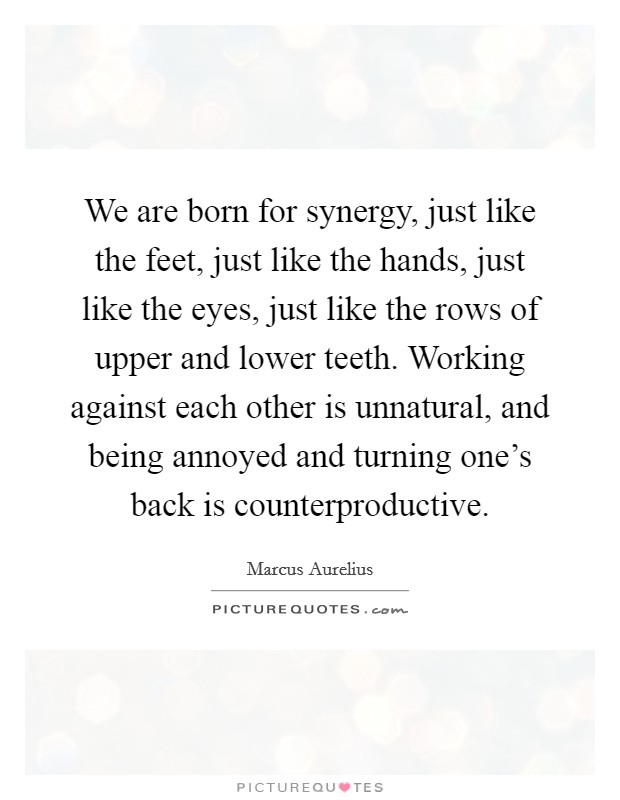 We are born for synergy, just like the feet, just like the hands, just like the eyes, just like the rows of upper and lower teeth. Working against each other is unnatural, and being annoyed and turning one's back is counterproductive. Picture Quote #1