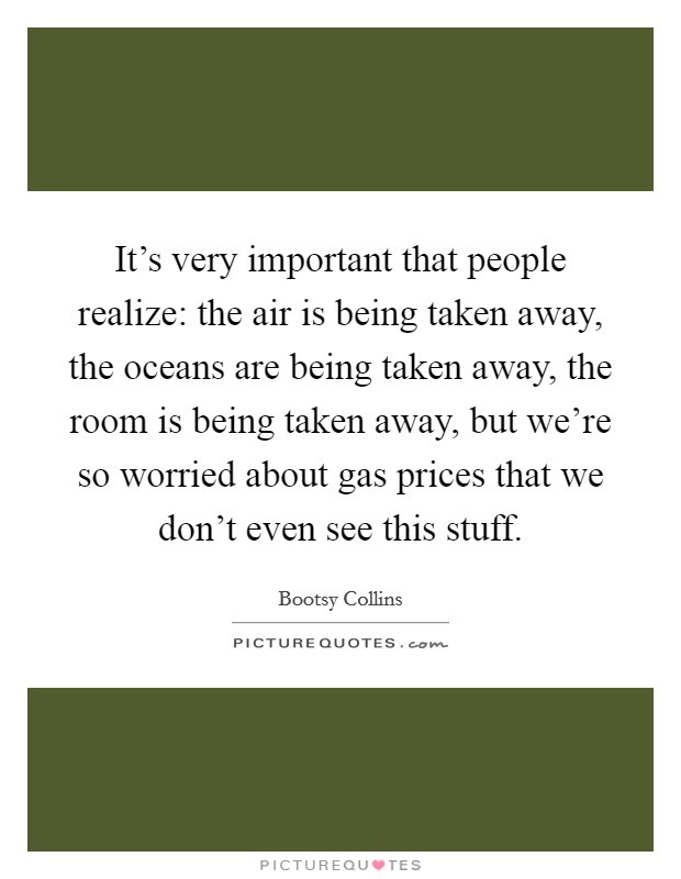 It's very important that people realize: the air is being taken away, the oceans are being taken away, the room is being taken away, but we're so worried about gas prices that we don't even see this stuff. Picture Quote #1
