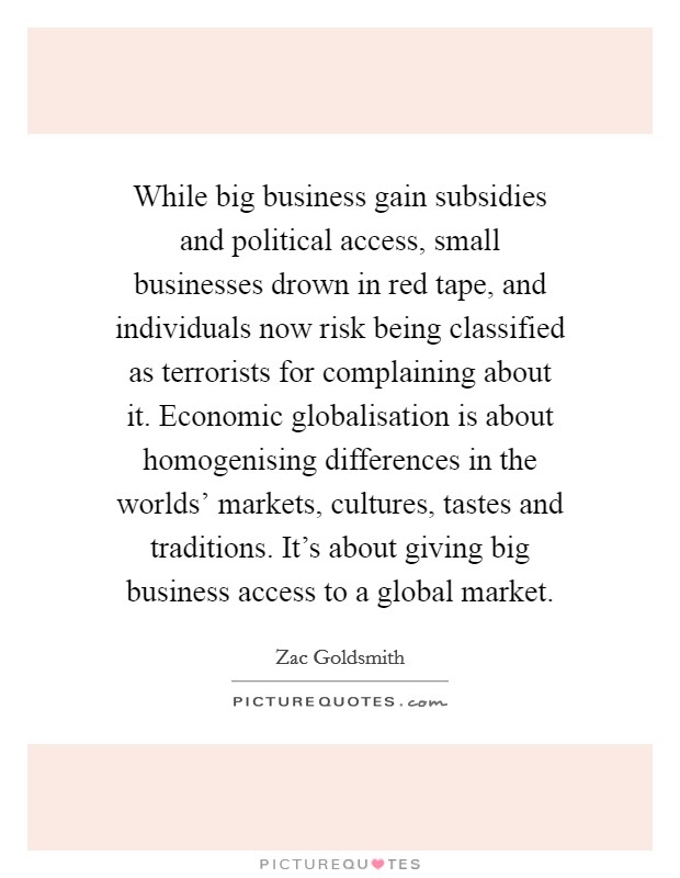 While big business gain subsidies and political access, small businesses drown in red tape, and individuals now risk being classified as terrorists for complaining about it. Economic globalisation is about homogenising differences in the worlds' markets, cultures, tastes and traditions. It's about giving big business access to a global market. Picture Quote #1
