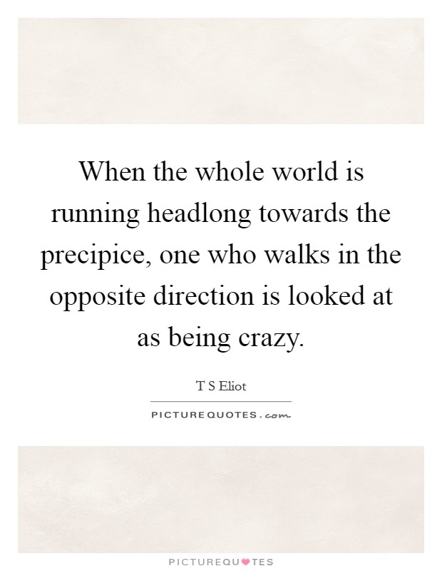 When the whole world is running headlong towards the precipice, one who walks in the opposite direction is looked at as being crazy. Picture Quote #1