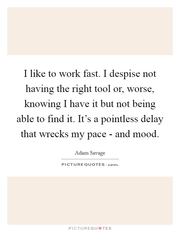 I like to work fast. I despise not having the right tool or, worse, knowing I have it but not being able to find it. It's a pointless delay that wrecks my pace - and mood. Picture Quote #1