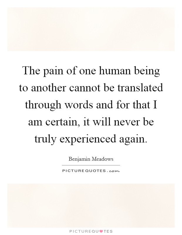 The pain of one human being to another cannot be translated through words and for that I am certain, it will never be truly experienced again. Picture Quote #1