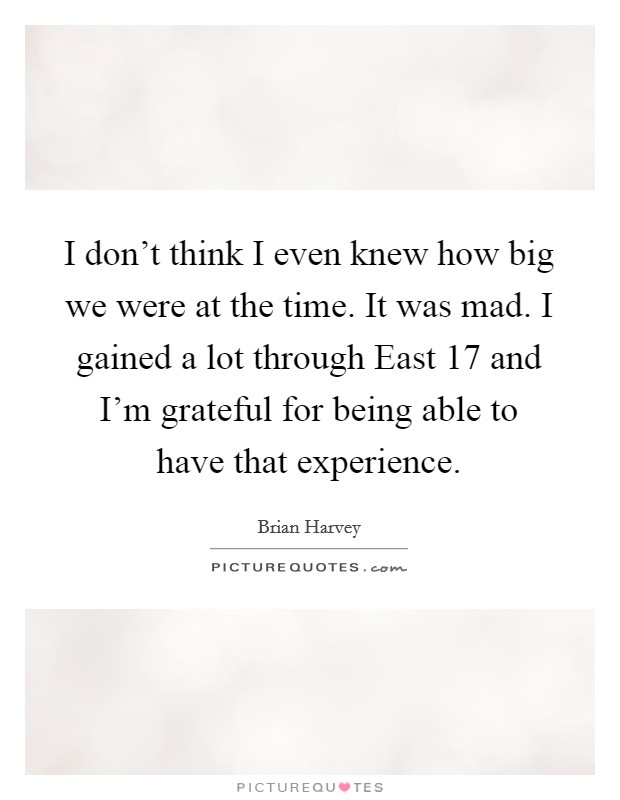 I don't think I even knew how big we were at the time. It was mad. I gained a lot through East 17 and I'm grateful for being able to have that experience. Picture Quote #1