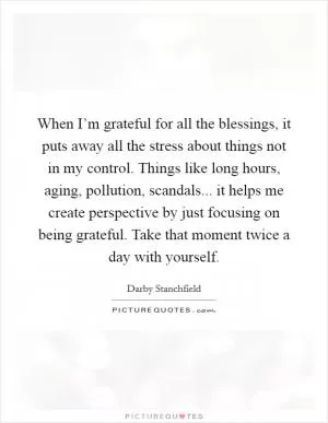 When I’m grateful for all the blessings, it puts away all the stress about things not in my control. Things like long hours, aging, pollution, scandals... it helps me create perspective by just focusing on being grateful. Take that moment twice a day with yourself Picture Quote #1
