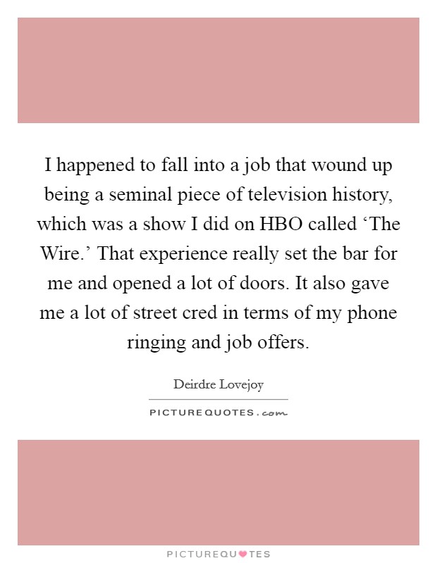 I happened to fall into a job that wound up being a seminal piece of television history, which was a show I did on HBO called ‘The Wire.' That experience really set the bar for me and opened a lot of doors. It also gave me a lot of street cred in terms of my phone ringing and job offers. Picture Quote #1