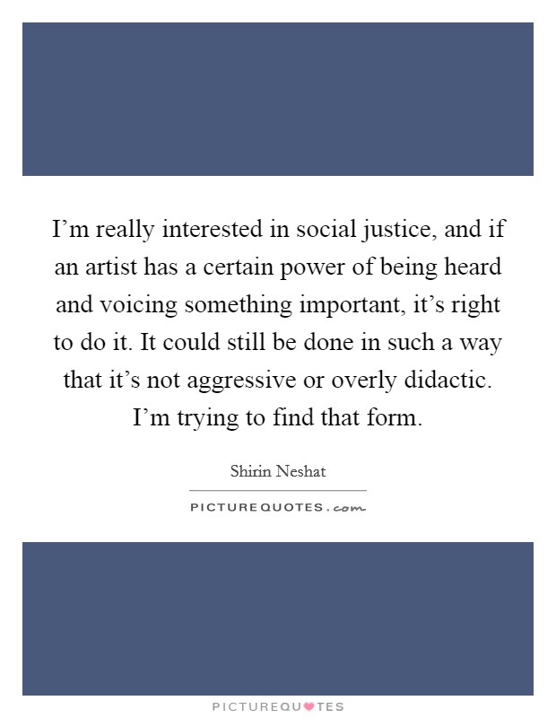 I'm really interested in social justice, and if an artist has a certain power of being heard and voicing something important, it's right to do it. It could still be done in such a way that it's not aggressive or overly didactic. I'm trying to find that form. Picture Quote #1