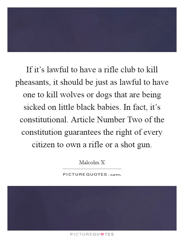 If it's lawful to have a rifle club to kill pheasants, it should be just as lawful to have one to kill wolves or dogs that are being sicked on little black babies. In fact, it's constitutional. Article Number Two of the constitution guarantees the right of every citizen to own a rifle or a shot gun. Picture Quote #1