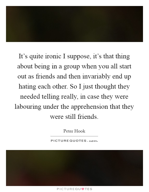 It's quite ironic I suppose, it's that thing about being in a group when you all start out as friends and then invariably end up hating each other. So I just thought they needed telling really, in case they were labouring under the apprehension that they were still friends. Picture Quote #1