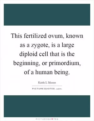 This fertilized ovum, known as a zygote, is a large diploid cell that is the beginning, or primordium, of a human being Picture Quote #1