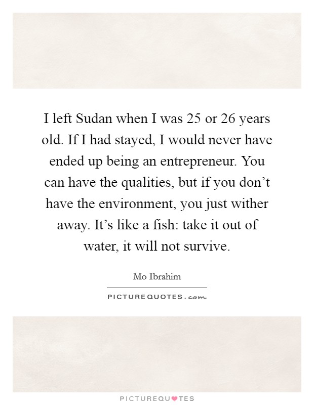 I left Sudan when I was 25 or 26 years old. If I had stayed, I would never have ended up being an entrepreneur. You can have the qualities, but if you don't have the environment, you just wither away. It's like a fish: take it out of water, it will not survive. Picture Quote #1