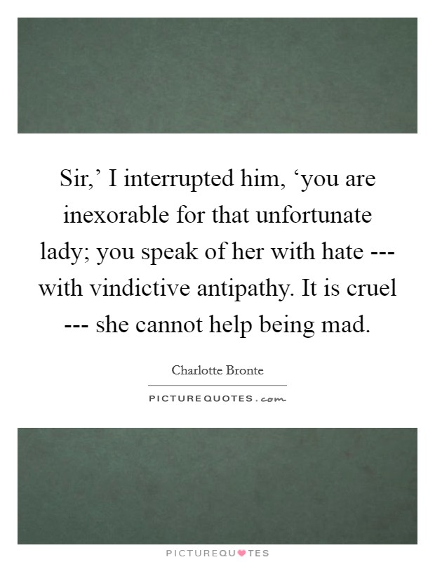 Sir,' I interrupted him, ‘you are inexorable for that unfortunate lady; you speak of her with hate --- with vindictive antipathy. It is cruel --- she cannot help being mad. Picture Quote #1