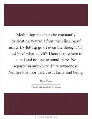 Meditation means to be constantly extricating yourself from the clinging of mind. By letting go of even the thought ‘I,’ and ‘me’ what is left? There is nowhere to stand and no one to stand there. No separation anywhere. Pure awareness. Neither this, nor that. Just clarity and being Picture Quote #1