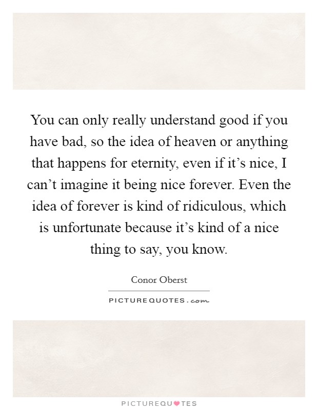 You can only really understand good if you have bad, so the idea of heaven or anything that happens for eternity, even if it's nice, I can't imagine it being nice forever. Even the idea of forever is kind of ridiculous, which is unfortunate because it's kind of a nice thing to say, you know. Picture Quote #1