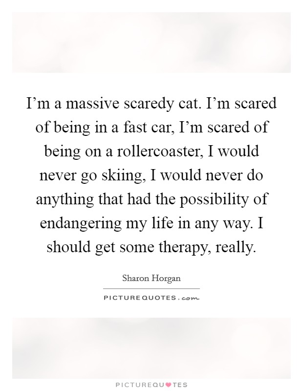 I'm a massive scaredy cat. I'm scared of being in a fast car, I'm scared of being on a rollercoaster, I would never go skiing, I would never do anything that had the possibility of endangering my life in any way. I should get some therapy, really. Picture Quote #1