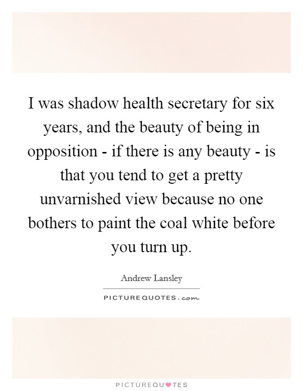 I was shadow health secretary for six years, and the beauty of being in opposition - if there is any beauty - is that you tend to get a pretty unvarnished view because no one bothers to paint the coal white before you turn up. Picture Quote #1