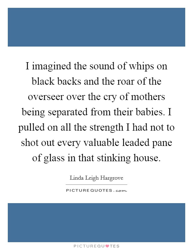 I imagined the sound of whips on black backs and the roar of the overseer over the cry of mothers being separated from their babies. I pulled on all the strength I had not to shot out every valuable leaded pane of glass in that stinking house. Picture Quote #1