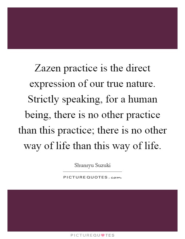 Zazen practice is the direct expression of our true nature. Strictly speaking, for a human being, there is no other practice than this practice; there is no other way of life than this way of life. Picture Quote #1