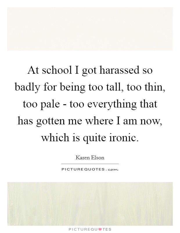 At school I got harassed so badly for being too tall, too thin, too pale - too everything that has gotten me where I am now, which is quite ironic. Picture Quote #1