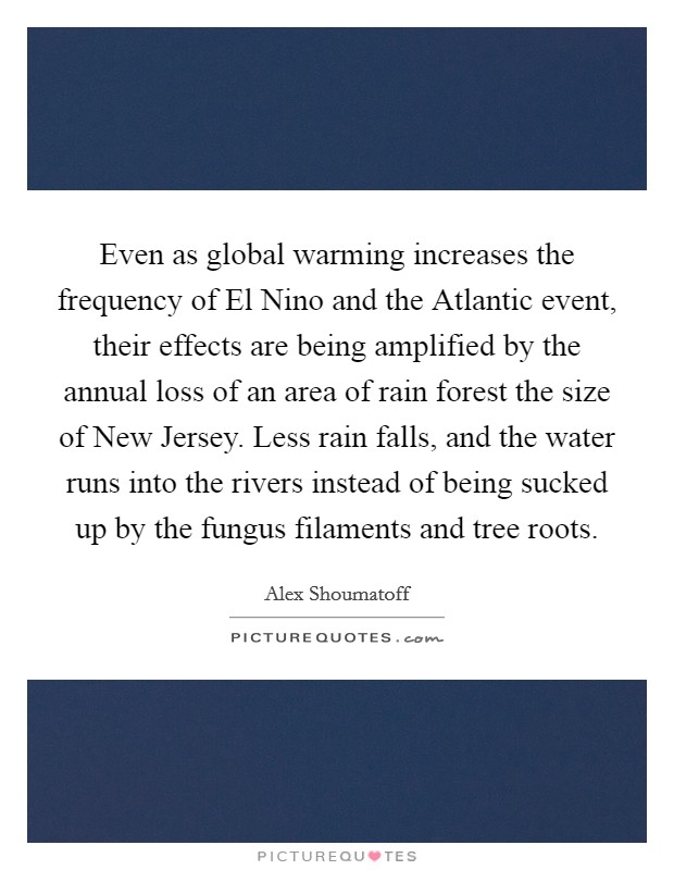 Even as global warming increases the frequency of El Nino and the Atlantic event, their effects are being amplified by the annual loss of an area of rain forest the size of New Jersey. Less rain falls, and the water runs into the rivers instead of being sucked up by the fungus filaments and tree roots. Picture Quote #1
