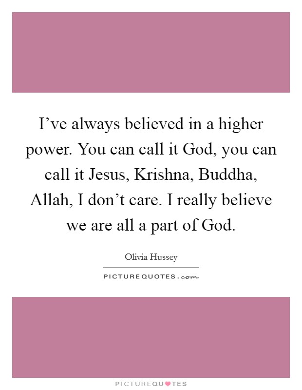 I've always believed in a higher power. You can call it God, you can call it Jesus, Krishna, Buddha, Allah, I don't care. I really believe we are all a part of God. Picture Quote #1