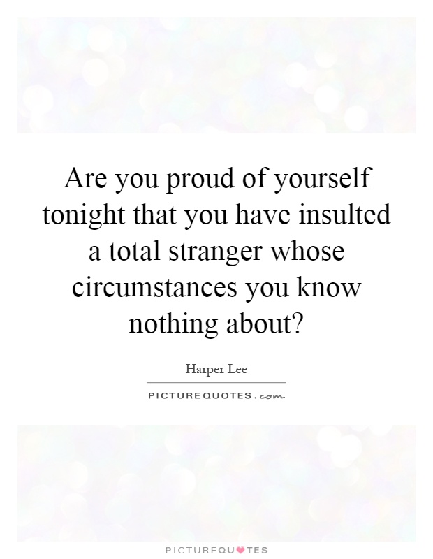 Are you proud of yourself tonight that you have insulted a total stranger whose circumstances you know nothing about? Picture Quote #1