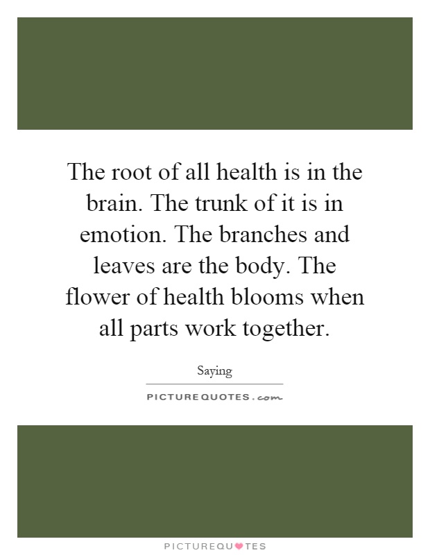 The root of all health is in the brain. The trunk of it is in emotion. The branches and leaves are the body. The flower of health blooms when all parts work together Picture Quote #1