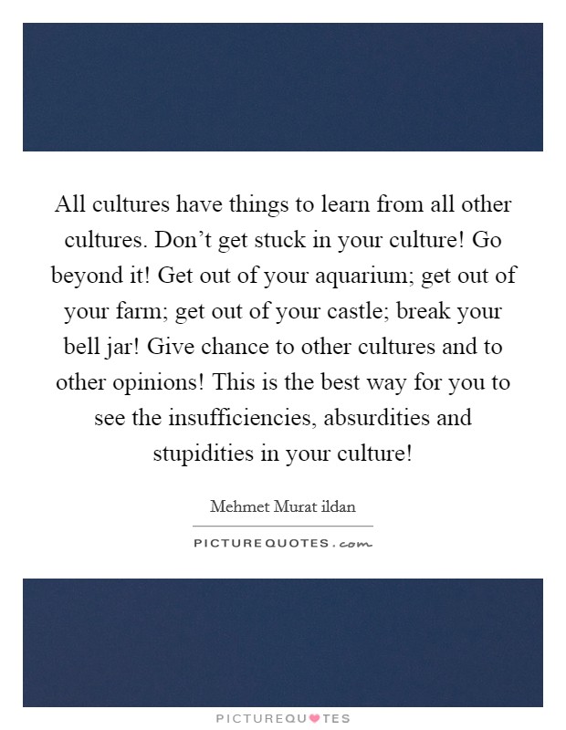 All cultures have things to learn from all other cultures. Don't get stuck in your culture! Go beyond it! Get out of your aquarium; get out of your farm; get out of your castle; break your bell jar! Give chance to other cultures and to other opinions! This is the best way for you to see the insufficiencies, absurdities and stupidities in your culture! Picture Quote #1