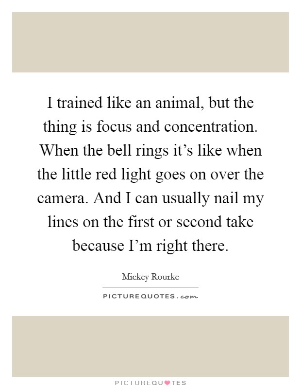 I trained like an animal, but the thing is focus and concentration. When the bell rings it's like when the little red light goes on over the camera. And I can usually nail my lines on the first or second take because I'm right there. Picture Quote #1