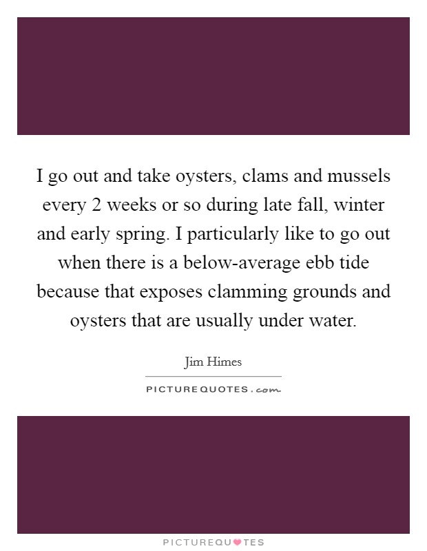 I go out and take oysters, clams and mussels every 2 weeks or so during late fall, winter and early spring. I particularly like to go out when there is a below-average ebb tide because that exposes clamming grounds and oysters that are usually under water. Picture Quote #1