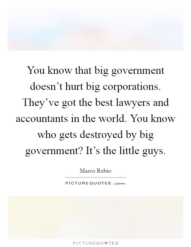 You know that big government doesn't hurt big corporations. They've got the best lawyers and accountants in the world. You know who gets destroyed by big government? It's the little guys. Picture Quote #1