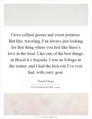 I love collard greens and sweet potatoes. But like, traveling, I’m always just looking for that thing where you feel like there’s love in the food. Like one of the best things, in Brazil it’s feijoada. I was in Tobago in the winter, and I had the best roti I’ve ever had, with curry goat Picture Quote #1