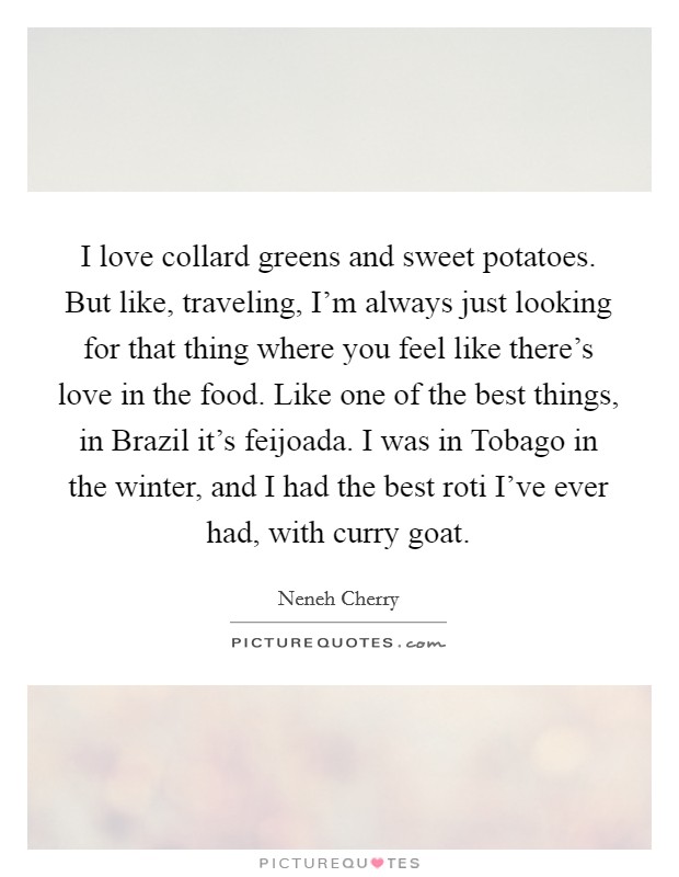 I love collard greens and sweet potatoes. But like, traveling, I'm always just looking for that thing where you feel like there's love in the food. Like one of the best things, in Brazil it's feijoada. I was in Tobago in the winter, and I had the best roti I've ever had, with curry goat. Picture Quote #1