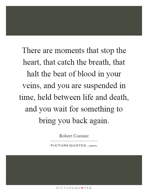 There are moments that stop the heart, that catch the breath, that halt the beat of blood in your veins, and you are suspended in time, held between life and death, and you wait for something to bring you back again. Picture Quote #1