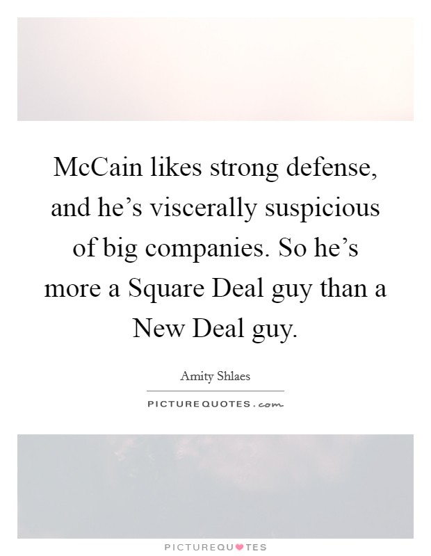 McCain likes strong defense, and he's viscerally suspicious of big companies. So he's more a Square Deal guy than a New Deal guy. Picture Quote #1