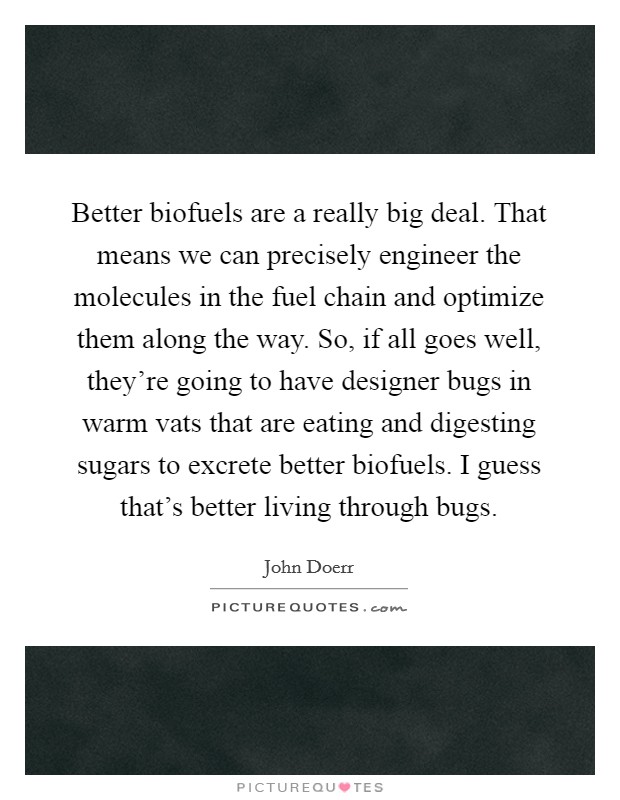 Better biofuels are a really big deal. That means we can precisely engineer the molecules in the fuel chain and optimize them along the way. So, if all goes well, they're going to have designer bugs in warm vats that are eating and digesting sugars to excrete better biofuels. I guess that's better living through bugs. Picture Quote #1