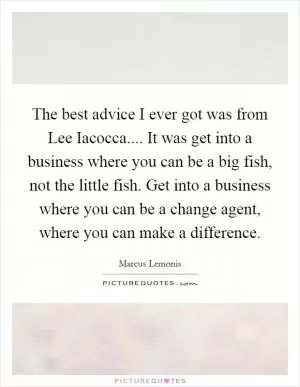 The best advice I ever got was from Lee Iacocca.... It was get into a business where you can be a big fish, not the little fish. Get into a business where you can be a change agent, where you can make a difference Picture Quote #1