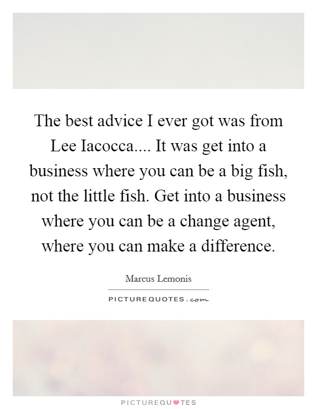 The best advice I ever got was from Lee Iacocca.... It was get into a business where you can be a big fish, not the little fish. Get into a business where you can be a change agent, where you can make a difference. Picture Quote #1