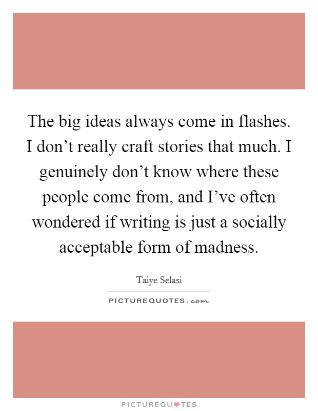 The big ideas always come in flashes. I don't really craft stories that much. I genuinely don't know where these people come from, and I've often wondered if writing is just a socially acceptable form of madness. Picture Quote #1