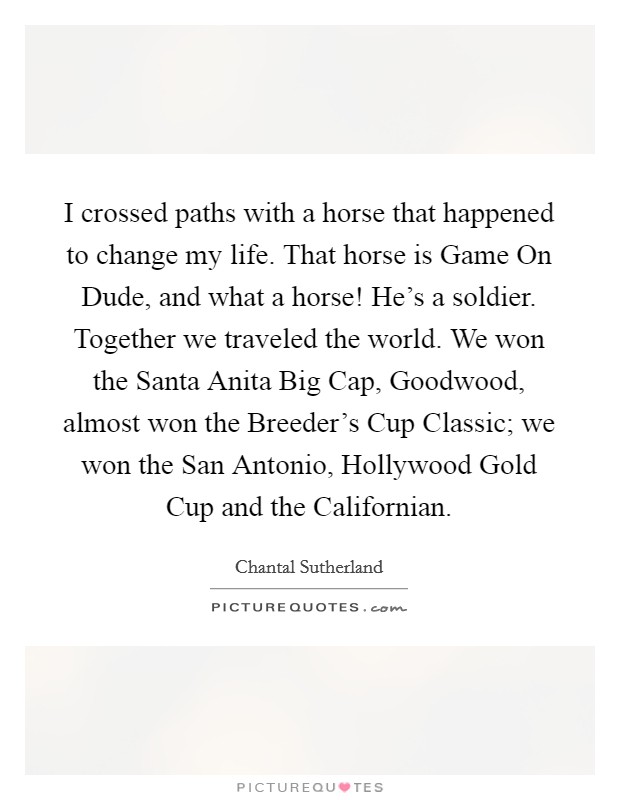 I crossed paths with a horse that happened to change my life. That horse is Game On Dude, and what a horse! He's a soldier. Together we traveled the world. We won the Santa Anita Big Cap, Goodwood, almost won the Breeder's Cup Classic; we won the San Antonio, Hollywood Gold Cup and the Californian. Picture Quote #1