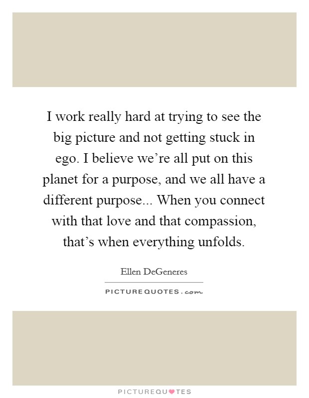 I work really hard at trying to see the big picture and not getting stuck in ego. I believe we're all put on this planet for a purpose, and we all have a different purpose... When you connect with that love and that compassion, that's when everything unfolds. Picture Quote #1