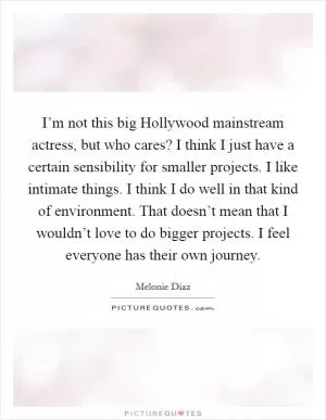 I’m not this big Hollywood mainstream actress, but who cares? I think I just have a certain sensibility for smaller projects. I like intimate things. I think I do well in that kind of environment. That doesn’t mean that I wouldn’t love to do bigger projects. I feel everyone has their own journey Picture Quote #1