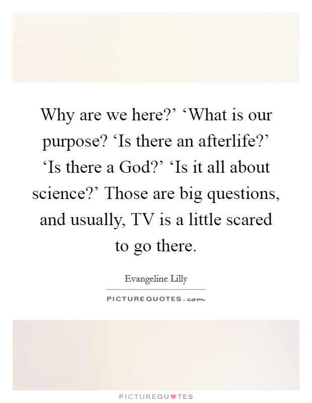 Why are we here?' ‘What is our purpose? ‘Is there an afterlife?' ‘Is there a God?' ‘Is it all about science?' Those are big questions, and usually, TV is a little scared to go there. Picture Quote #1