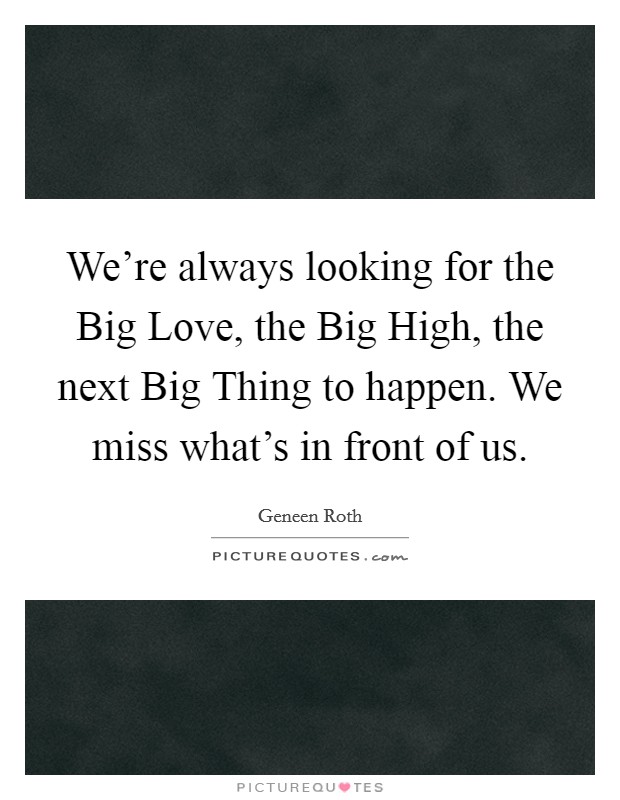 We're always looking for the Big Love, the Big High, the next Big Thing to happen. We miss what's in front of us. Picture Quote #1