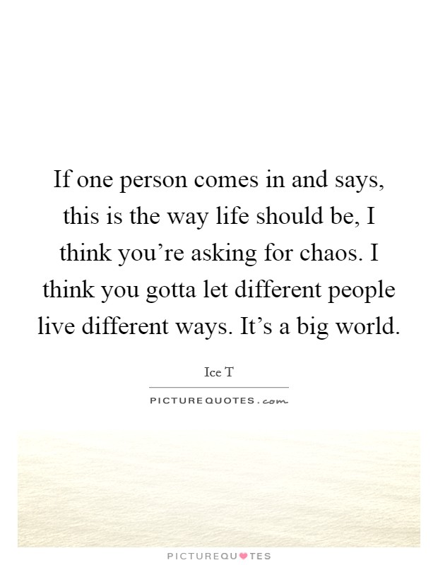 If one person comes in and says, this is the way life should be, I think you're asking for chaos. I think you gotta let different people live different ways. It's a big world. Picture Quote #1